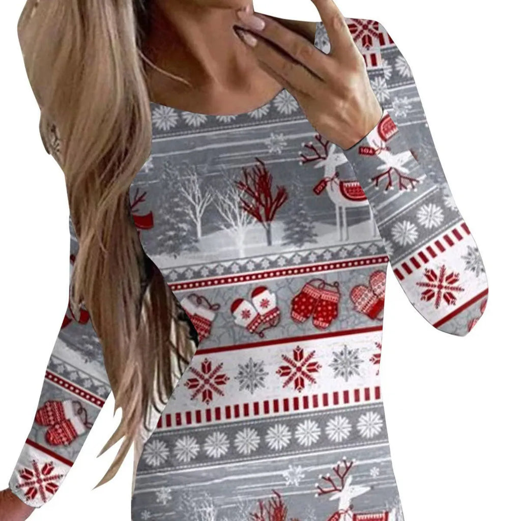 Red Christmas animal print dress with long sleeves and round neck, showing tight-fitting hip skirt design
