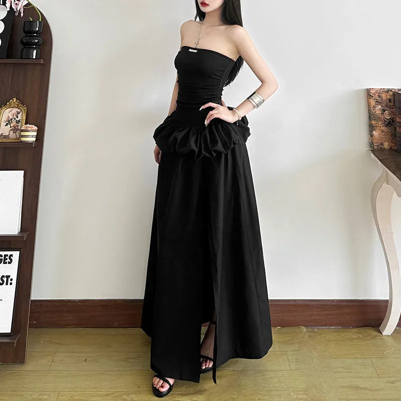 Solid colour slim-fit high waist off-neck split A-line long dress in black for women