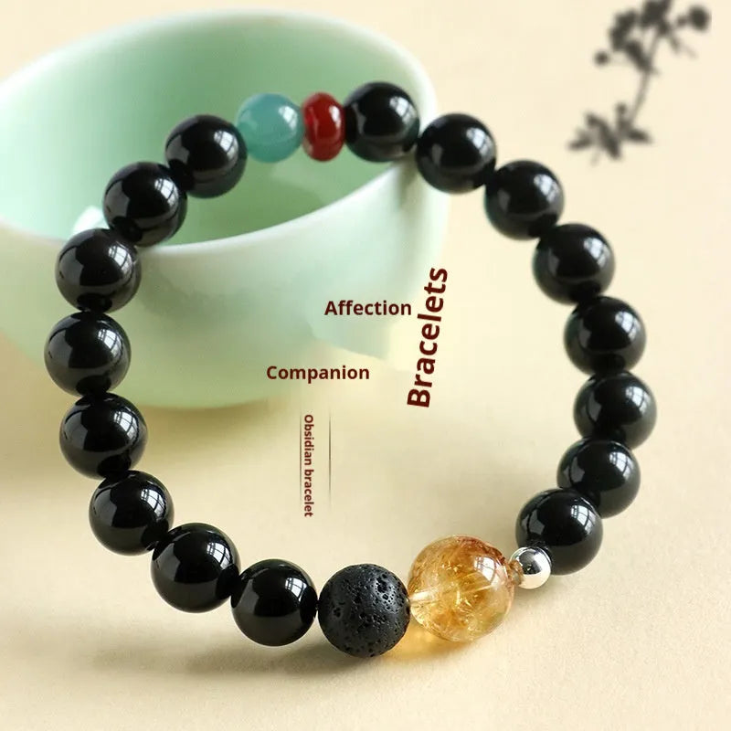 Chinese-style natural stone couple bracelet with obsidian, yellow tower crystal, agate, and jade beads.