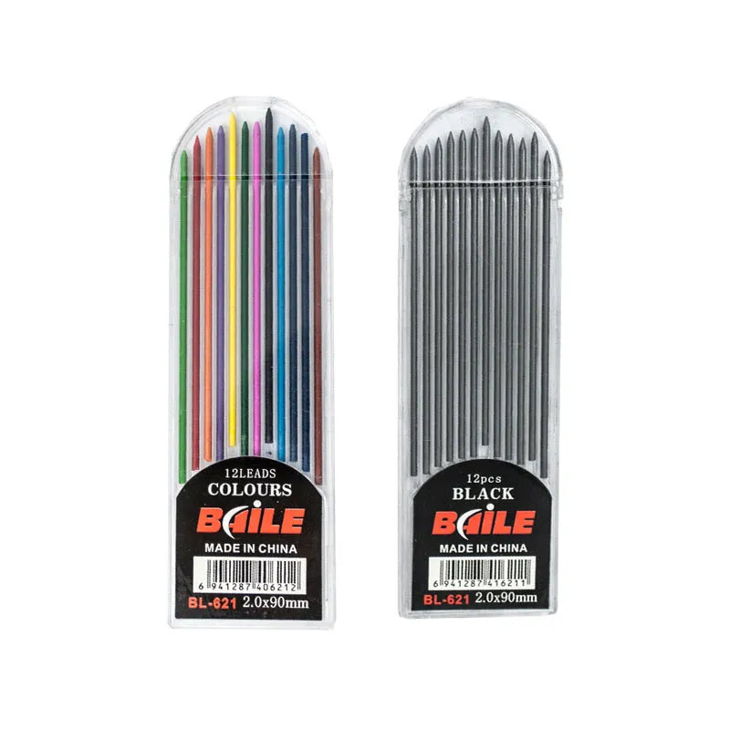 Automatic lead refills 2.0mm 90mm 12 pack black and multicolor