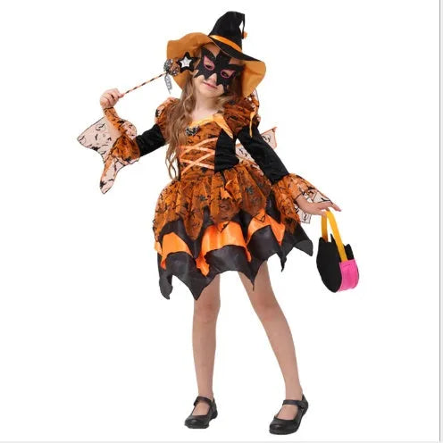 Halloween witch princess dress for girls in polyester blend with size options 100cm to 160cm