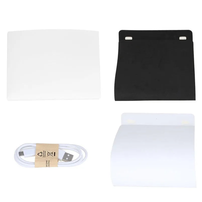 Mini folding studio set with dual LED lights, 40cm cube, six colour background cloths