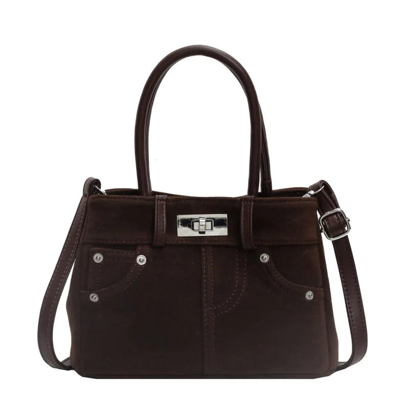 Women's retro PU leather messenger bag bucket shape with sewing thread detail single shoulder strap