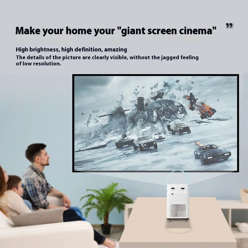 Smart HD projector with Android voice control and remote on wooden surface