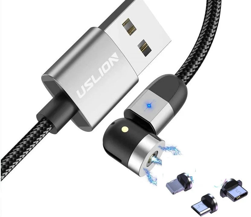 540° magnetic three-in-one data cable with aluminium alloy connector, TPE jacket, and LED indicator light on a table next to a smartphone