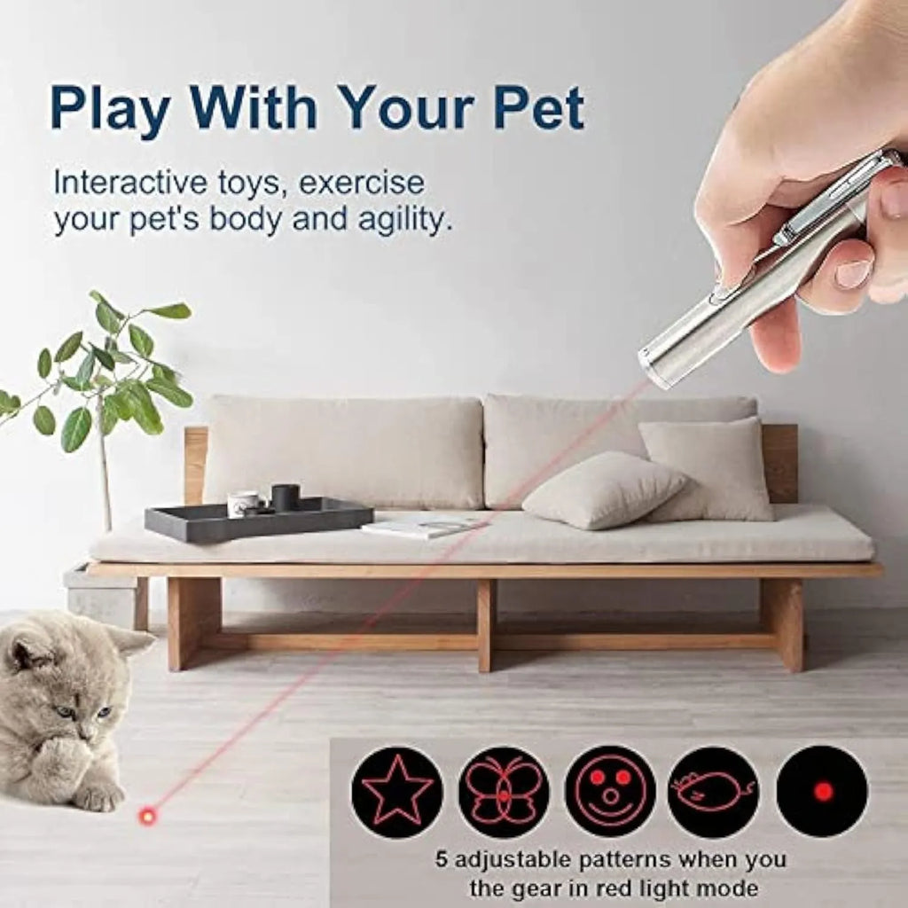 Silver aluminium cat laser pointer toy showing light patterns on a wall next to a cat.