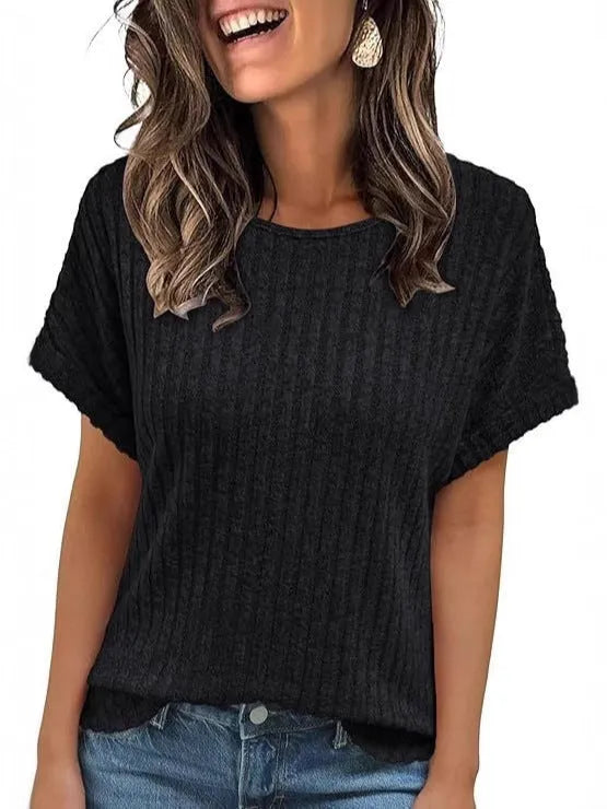 Women's loose fit short-sleeved t-shirt with round neck and sunken stripe detail, solid colour, front view