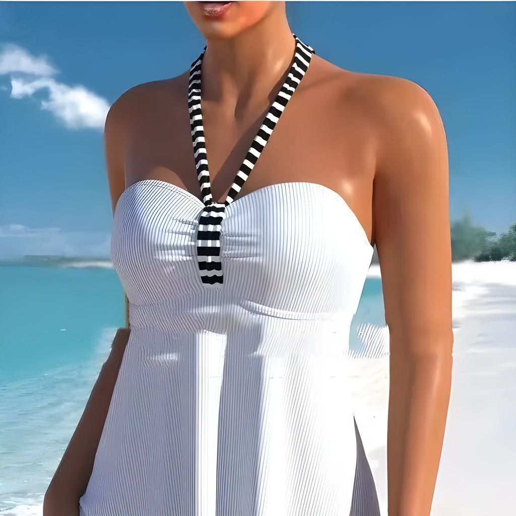 Women's black and white striped off-shoulder swimsuit with briefs style and polyester lining
