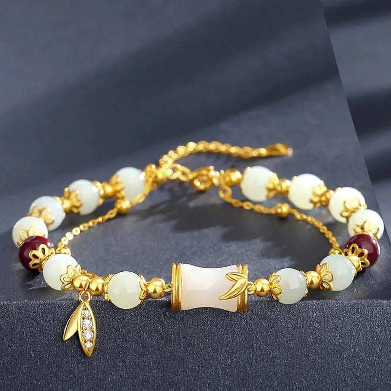 Retro bamboo Ruyi flower design glass bracelet in beige green light green white colours