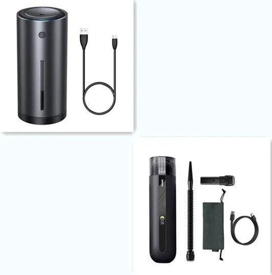 BASEUS wireless handheld car vacuum cleaner in black, white, or green with blowing hose.