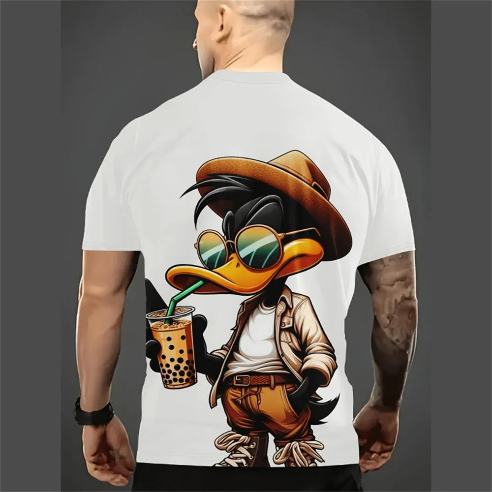 Man wearing a loose, short-sleeve linen shirt with a colourful 3D cartoon print design.
