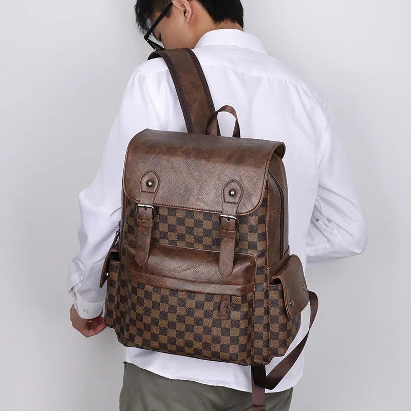 Large capacity black plaid backpack with PU shell, curved shoulder straps, and 35x18x40cm dimensions