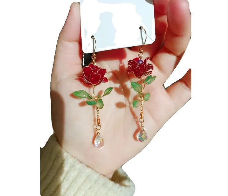 Red tea fragrance flower ear studs for women with electroplating finish