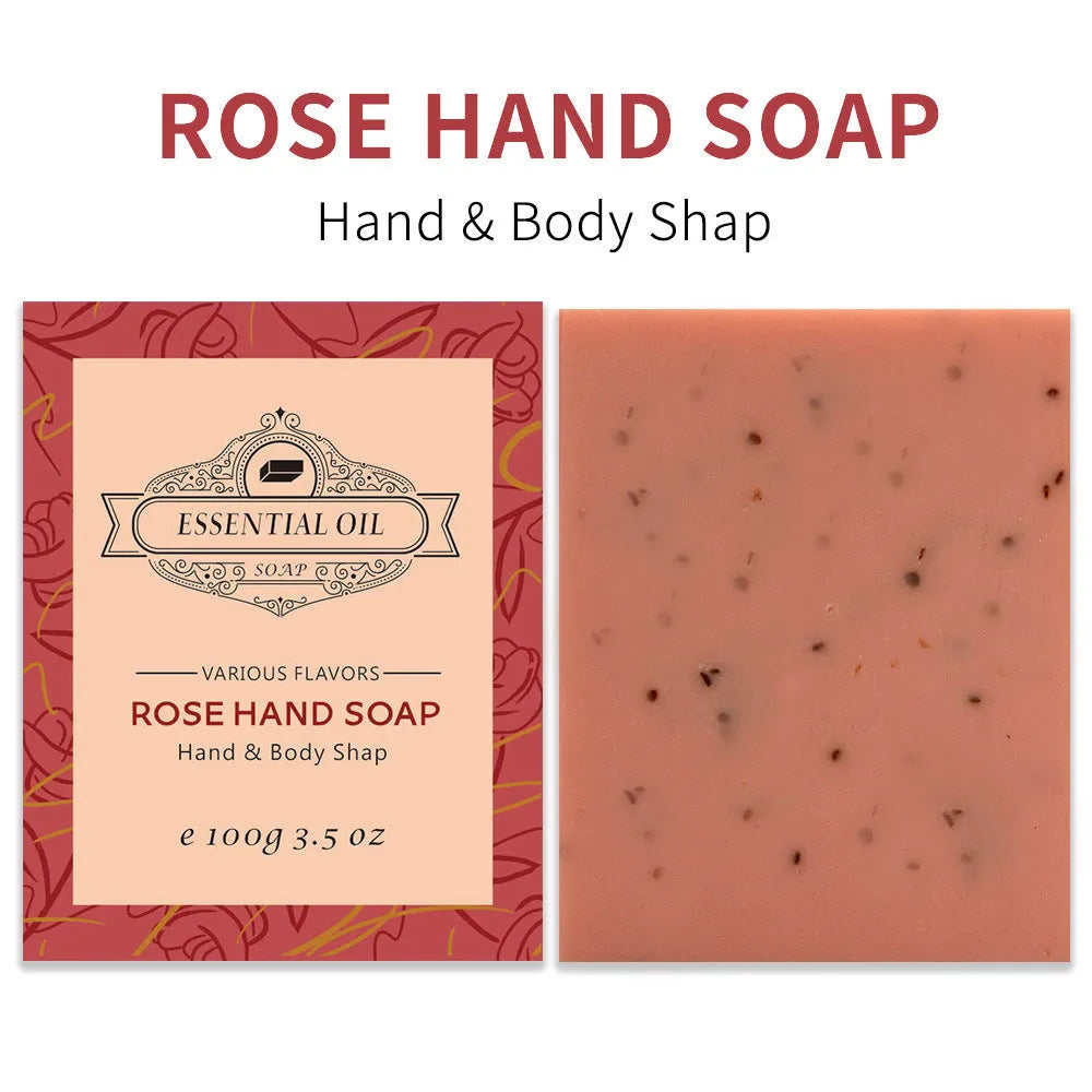 Handmade essential oil soap bar in frosted bathing format with natural scent options including coconut, green tea, lavender, and rose variants