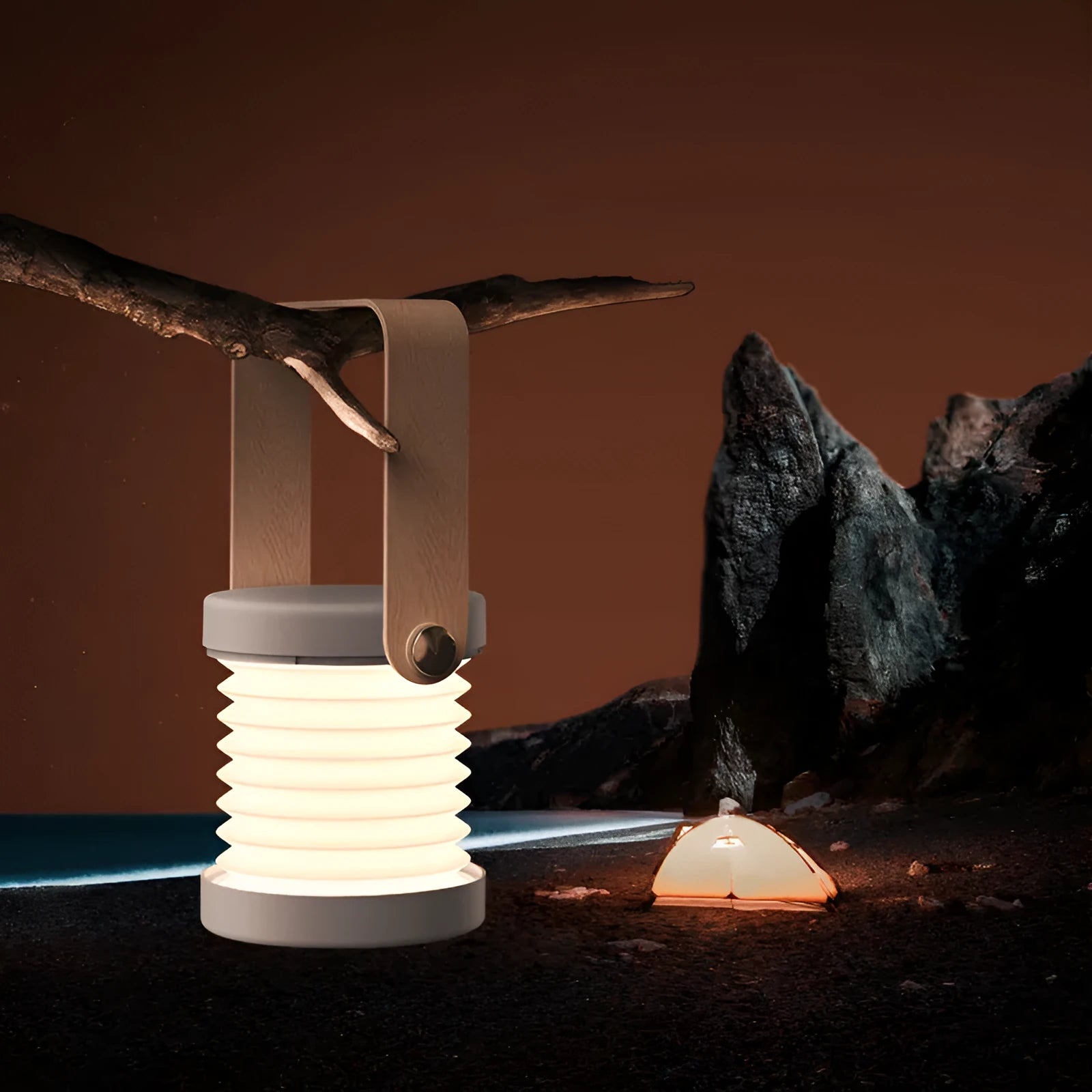 Foldable touch dimmable LED night light in white showing table lamp and lantern positions