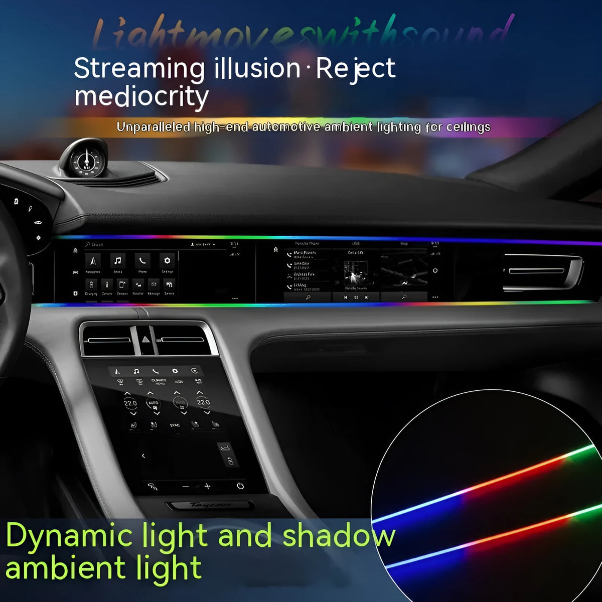 Car atmosphere LED light bar in MMA housing, 3W 5V magic colour, universal hidden modification with optional foot lamp