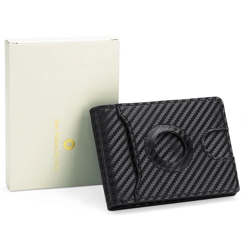 Carbon fibre leather men's wallet with anti-theft swiping, black with orange stitching detail, shown on surface