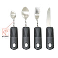 Stainless steel adaptive cutlery set with black rubber handles, showing knife, fork, and spoon.