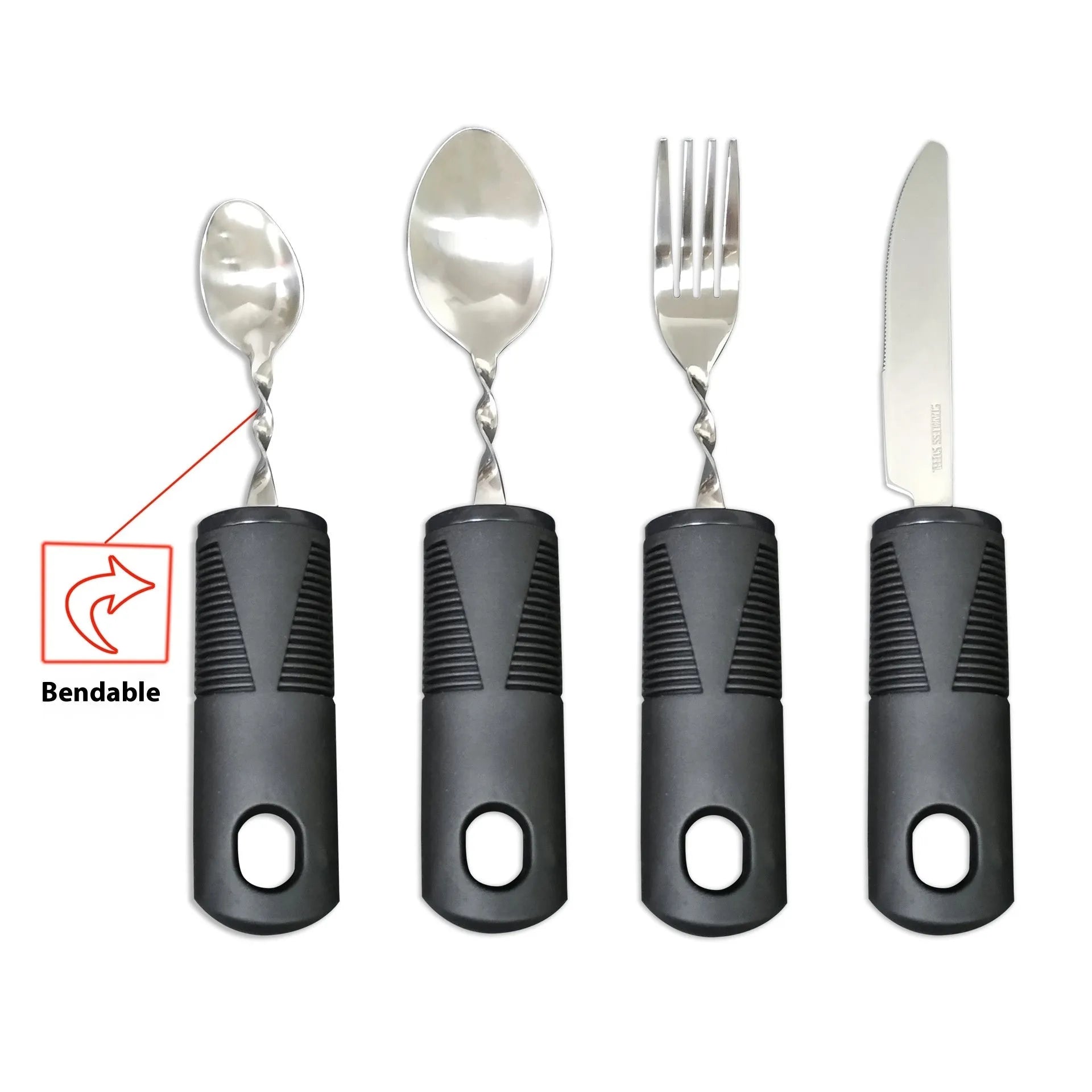 Stainless steel adaptive cutlery set with black rubber handles, showing knife, fork, and spoon.