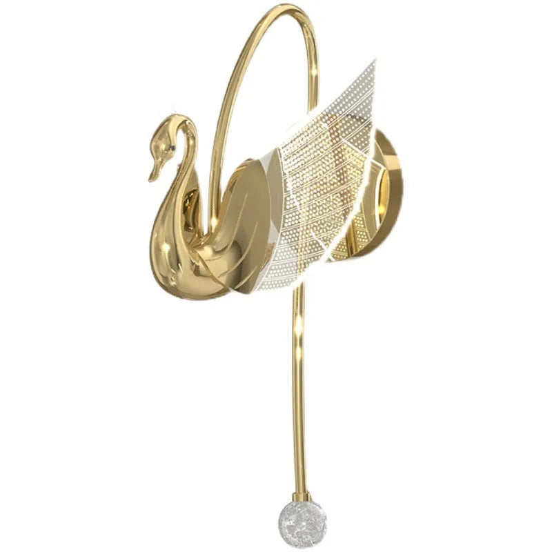 Gold modern swan-shaped bedside wall lamp with an acrylic shade mounted on a wall.