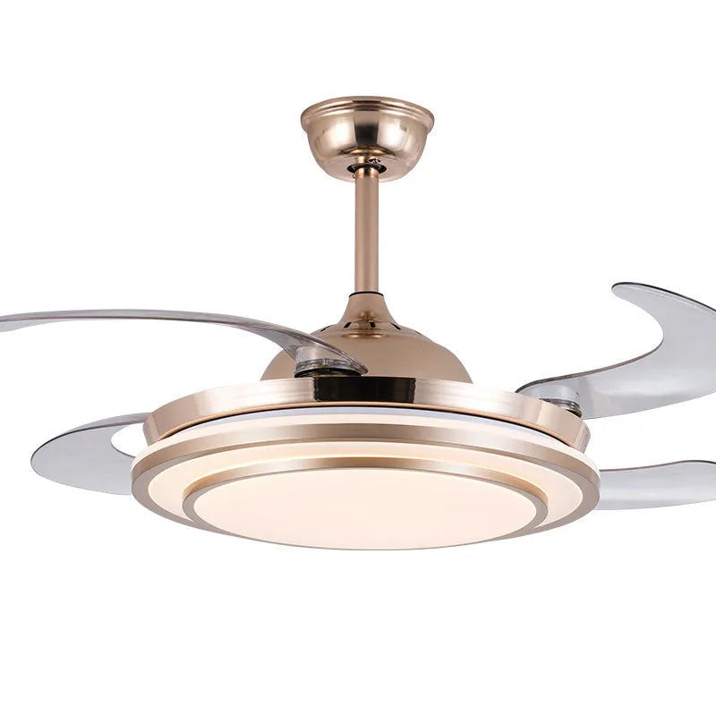 Full spectrum LED ceiling fan chandelier with invisible ABS blades in gold finish