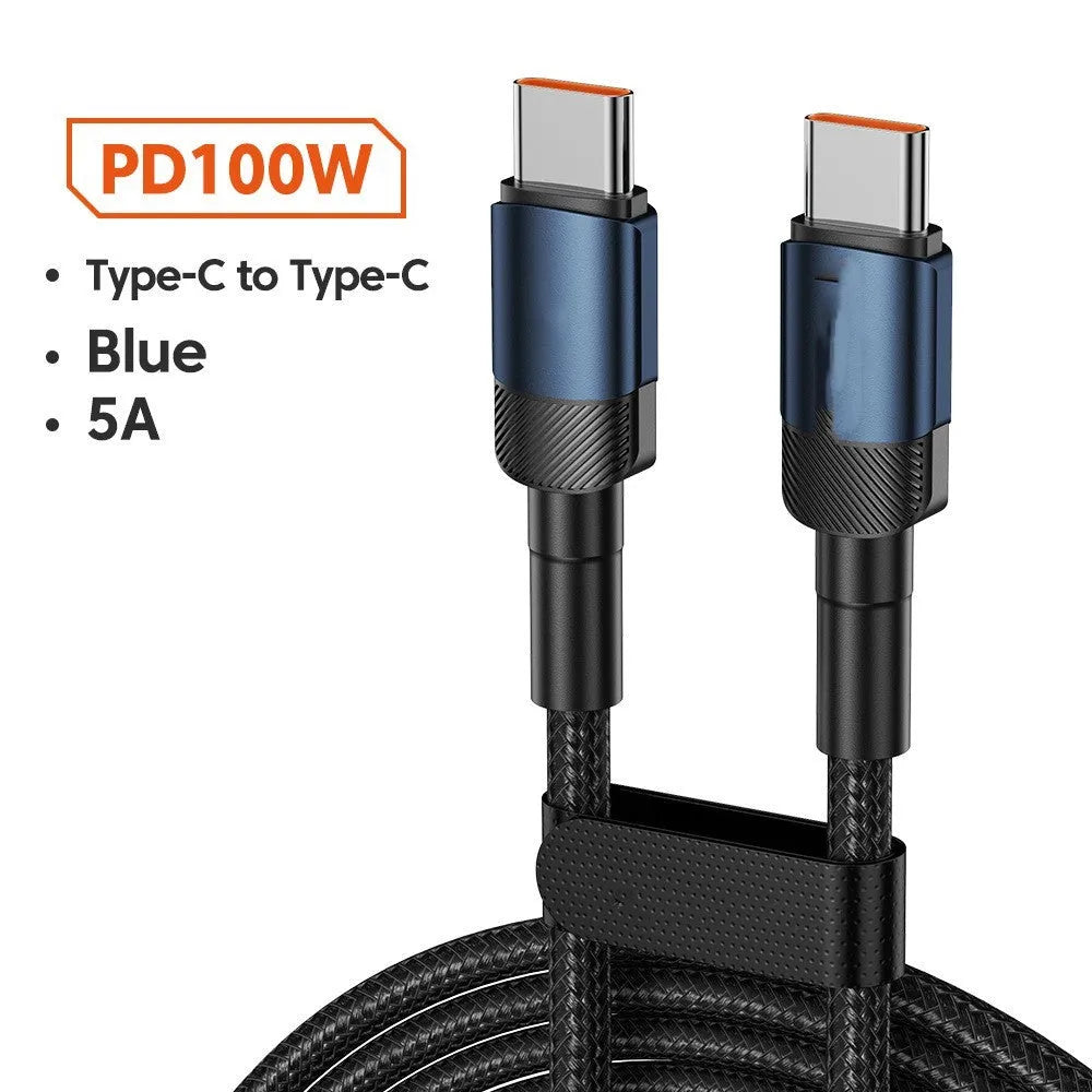 Aluminium alloy USB C fast charge cable with woven braiding in blue colour showing connector detail