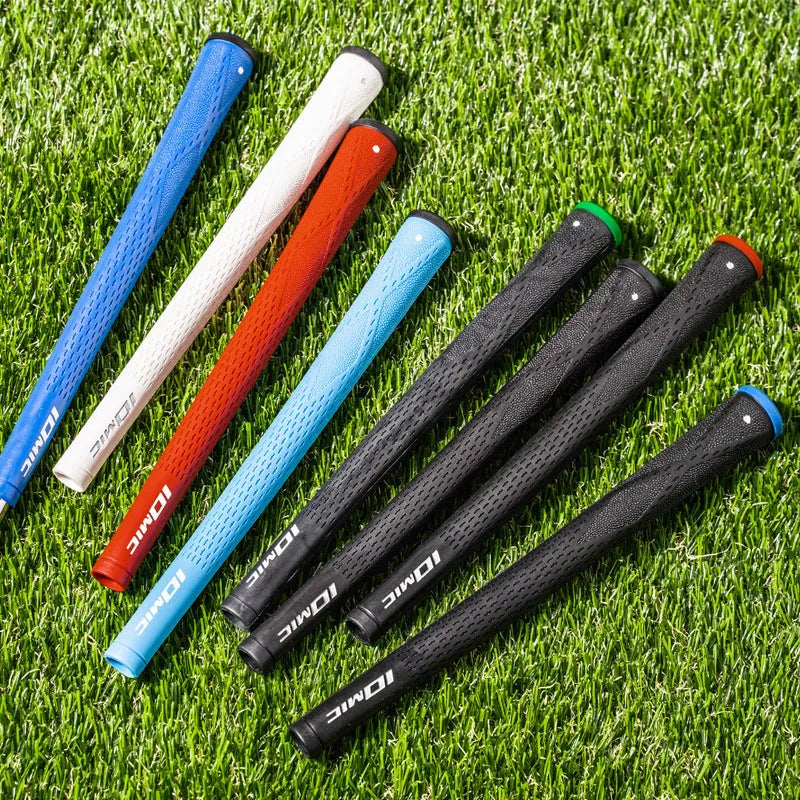 TPE golf club grip in assorted colours including pink, red, blue, white, and black with coloured heads.