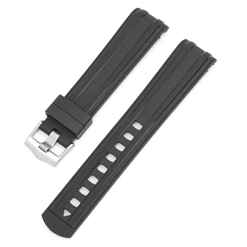 Apple Watch strap with silver buckle in 12 colour options including army green, sapphire blue, and dark red.