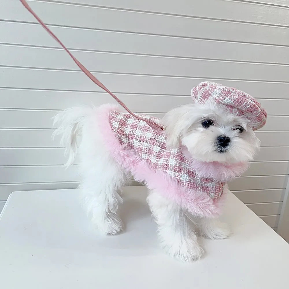 Pink polyester cat costume set with cape, beret and hand-holding rope leash in sizes XS to XL