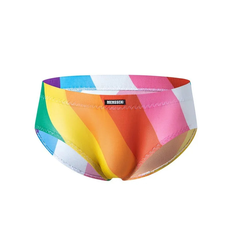 Men's low waist printed briefs in lightweight polyester fabric on a colour background