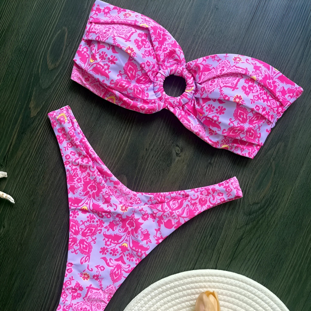 Women's creative print backless split swimsuit in quick-drying polyester with cotton lining, available in sizes S M L