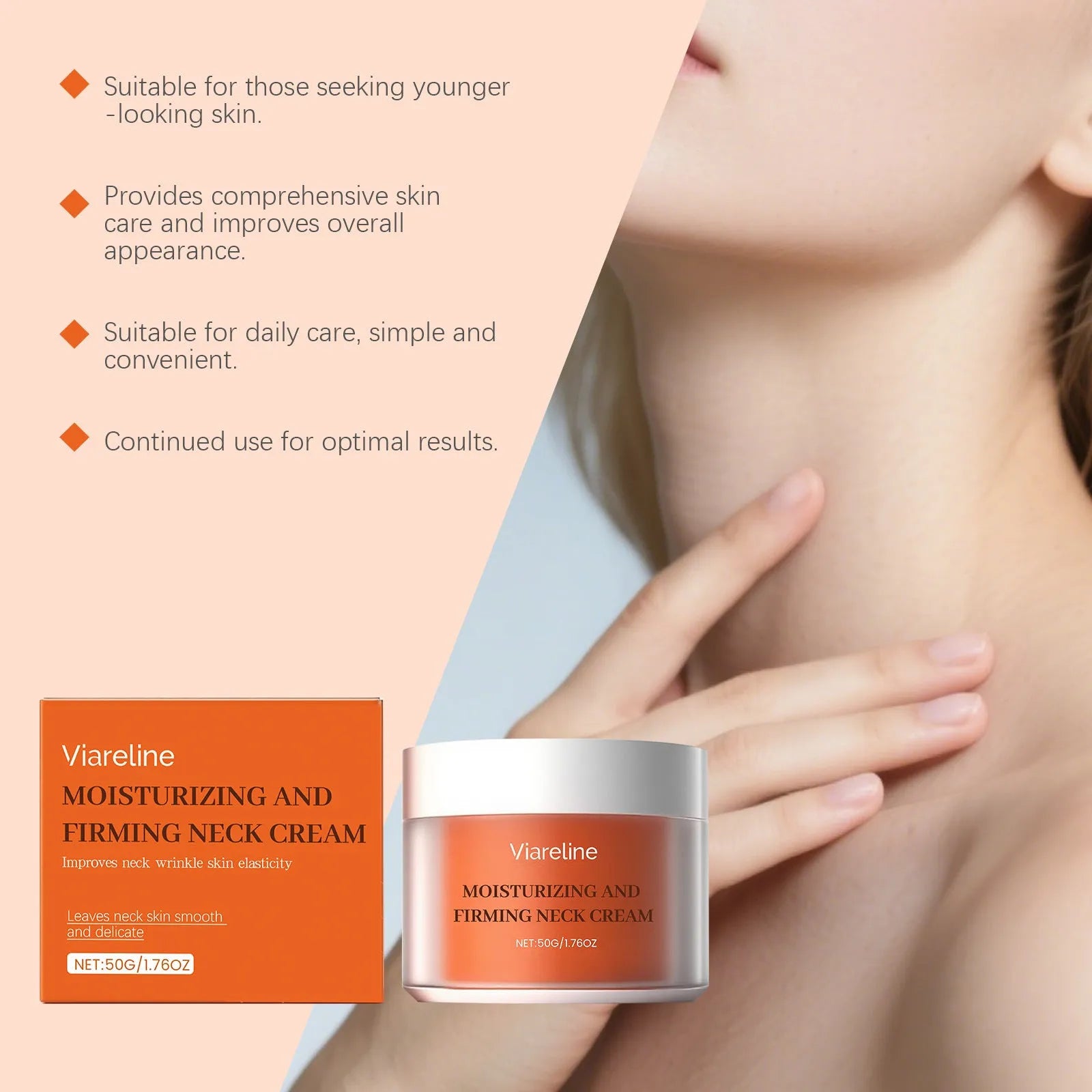 Neck moisturising cream in compact 6.3cm case with 50g content for daily contour care