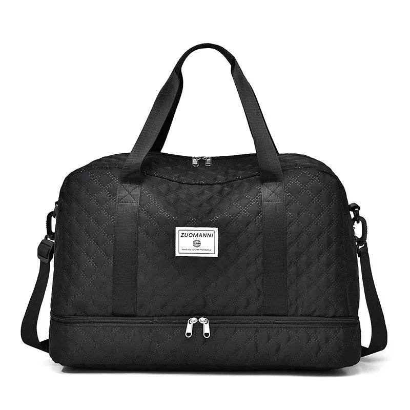 Large Oxford cloth travel bag in a solid colour with sewing thread details.