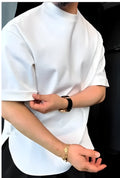 Men's white heavyweight cotton t-shirt with button placket, crew neck, and loose fit.