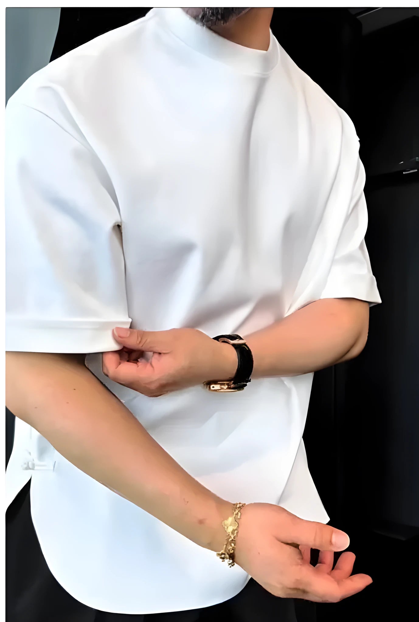 Men's white heavyweight cotton t-shirt with button placket, crew neck, and loose fit.