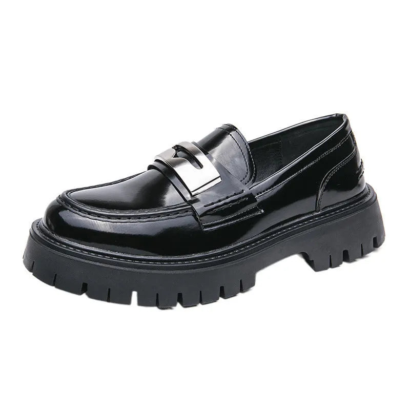 Men's glossy black platform loafers with hidden low heel