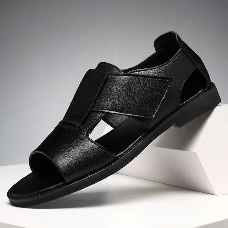 Men's black and brown cowhide leather Roman sandals with open toe and rubber sole.