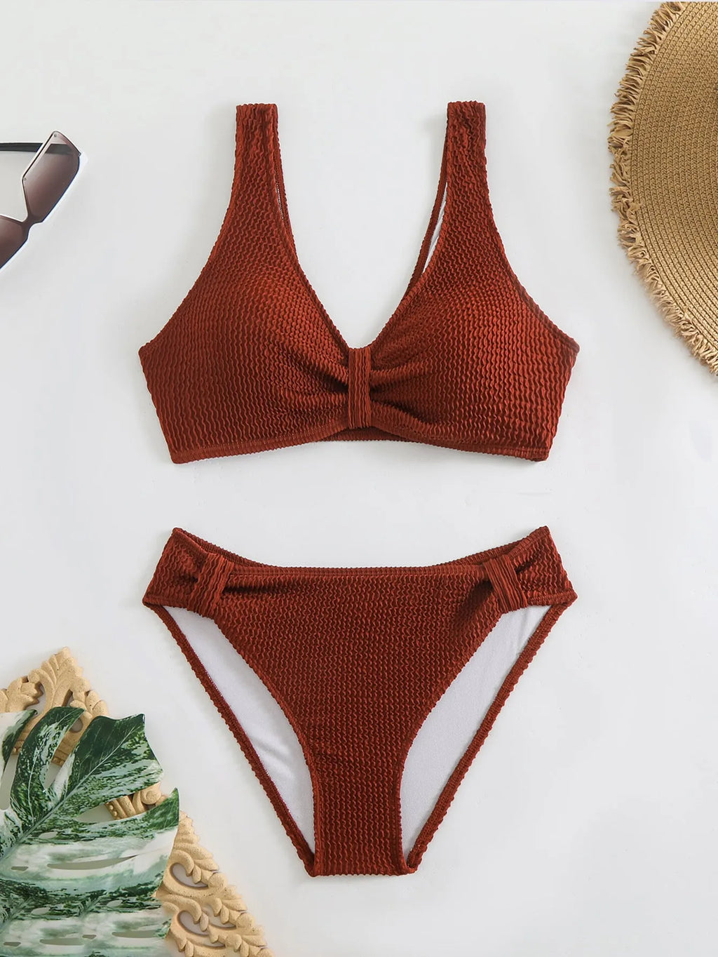 Women's solid colour two-piece bikini swimsuit with polyester fabric, bra and shorts, sizes S to XL