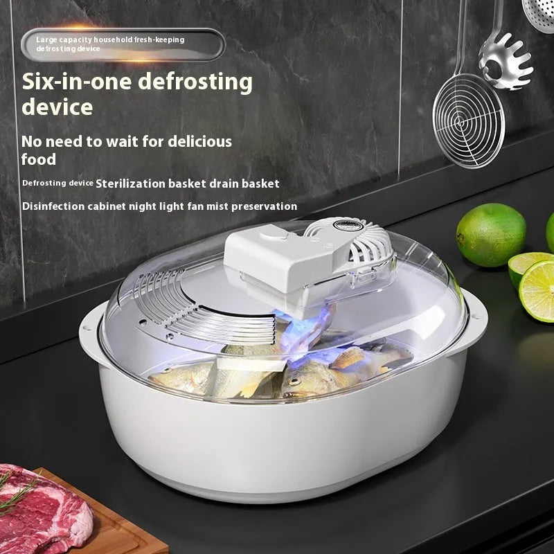Modern aluminium kitchen defrosting plate on a countertop, shown next to frozen food.