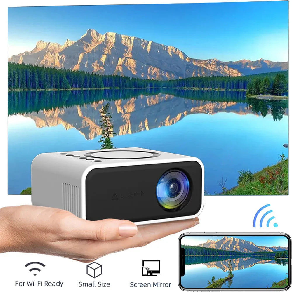 YT300 black or white portable mini projector with remote control on table projecting home theatre image