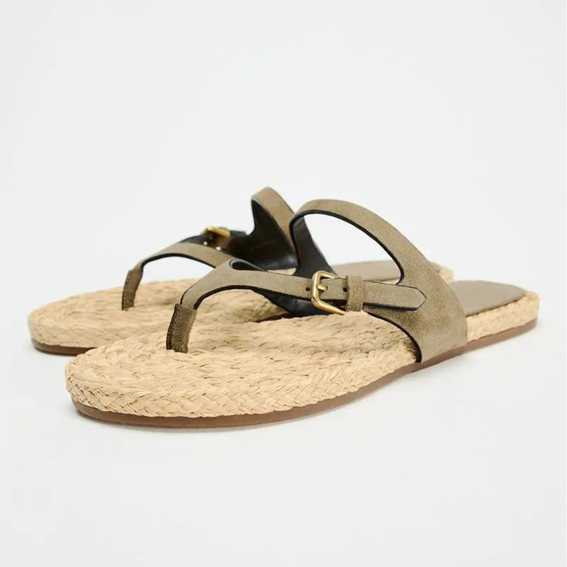 Women's woven flip-flops in light green and red with microfiber leather upper, PVC lining, and rubber sole, 2cm heel