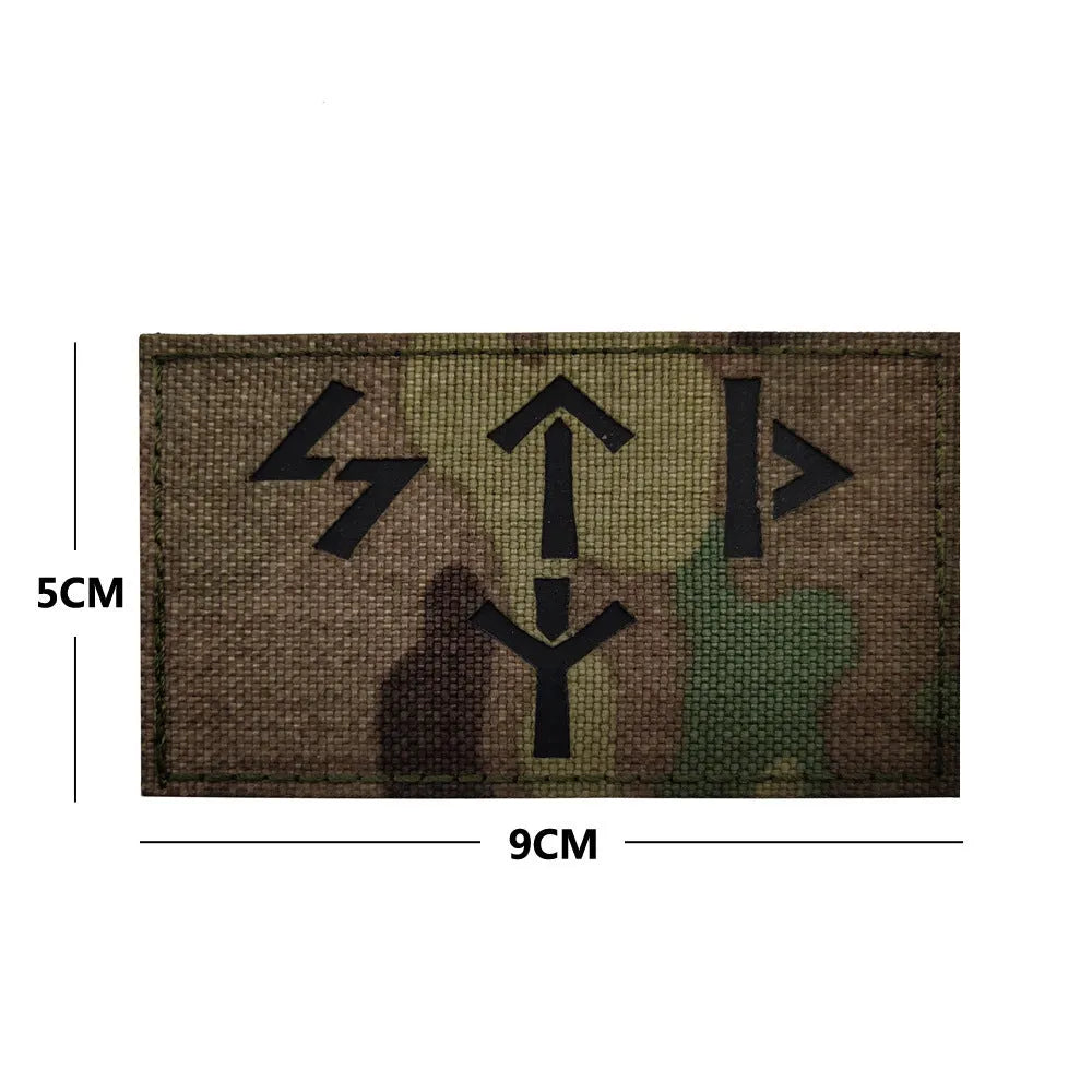 Nordic rune reflective tactical morale velcro patch in STP camo black, 9 by 5 inches