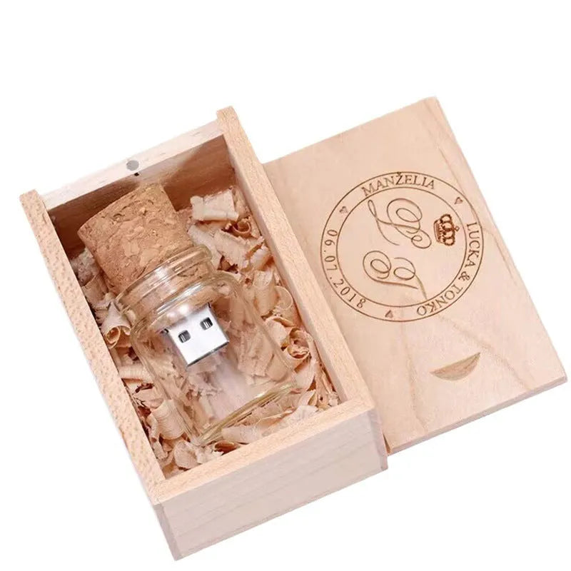 Wooden bottle-shaped USB flash drive on a keyring with transparent finish showing wood grain.