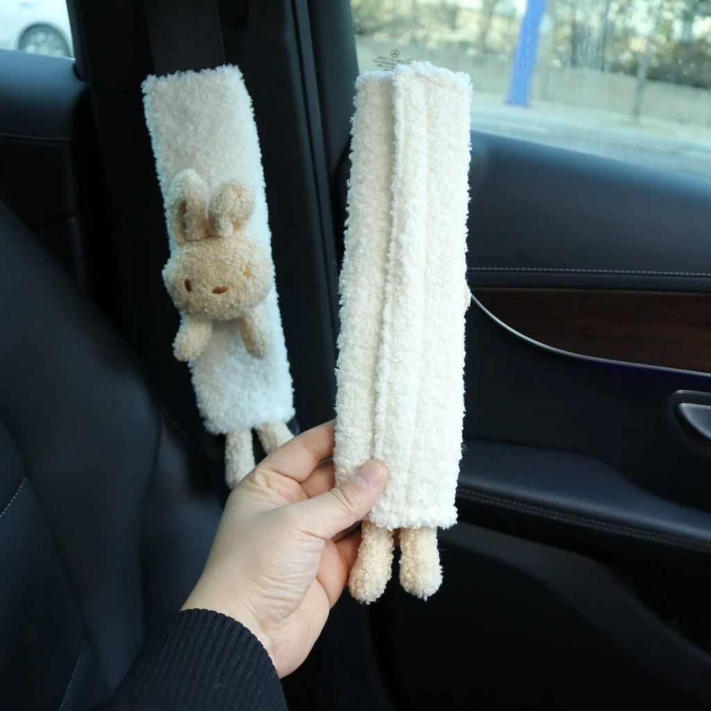Cartoon plush car seatbelt shoulder protector in lamb wool with Bear and Rabbit designs.