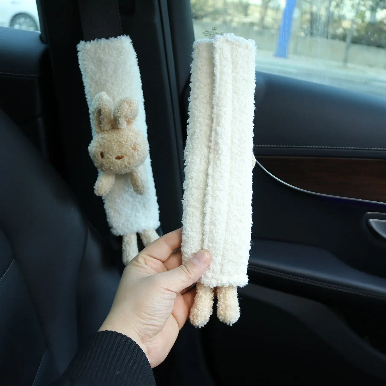 Cartoon plush car seatbelt shoulder protector in lamb wool with Bear and Rabbit designs.