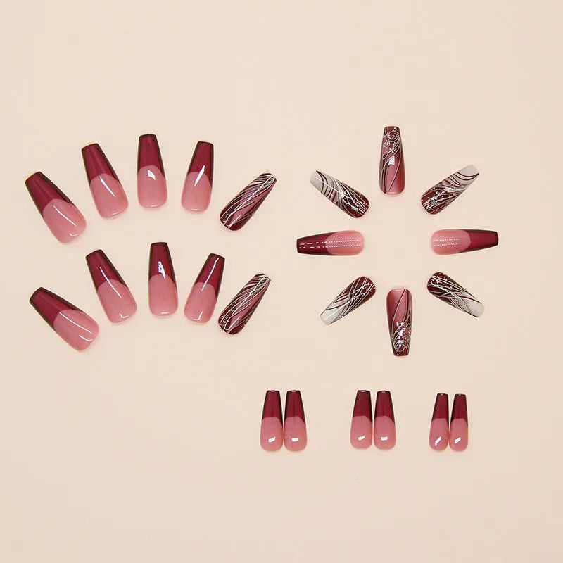 French line pattern fake nail stickers with glue tube on white background