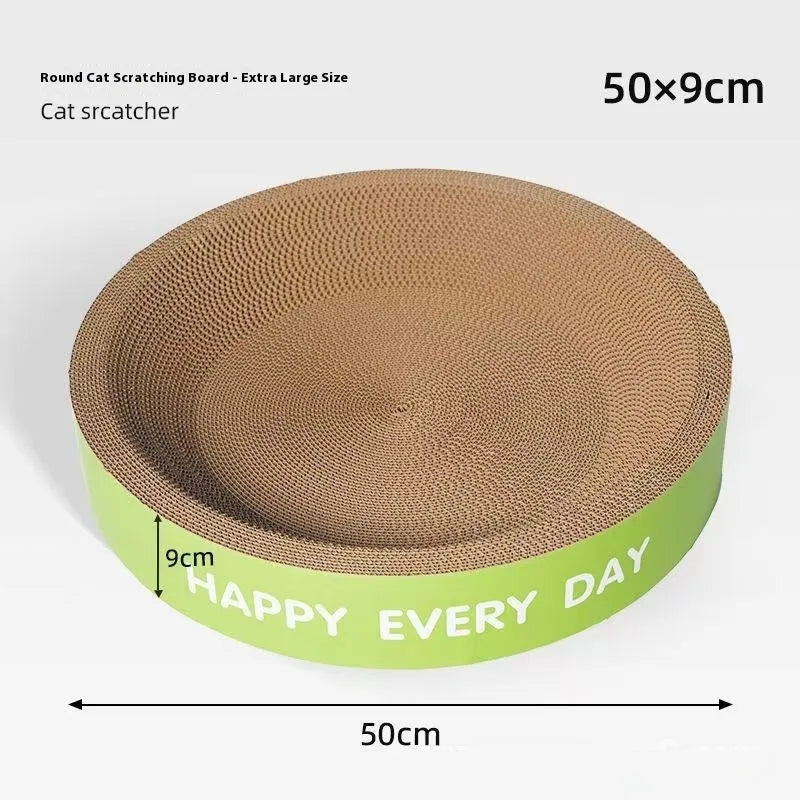 Green round cat nest with a textured sisal scratching board surface, shown in a home setting.