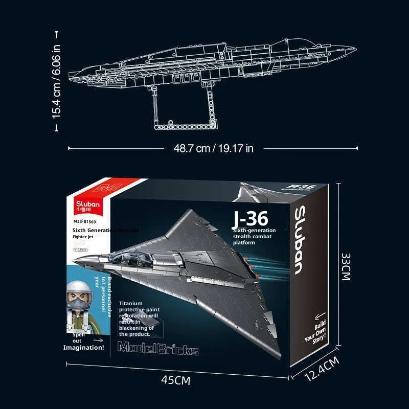 J-36 stealth fighter military model building blocks set with 1182 small plastic particles for teens 7-14.