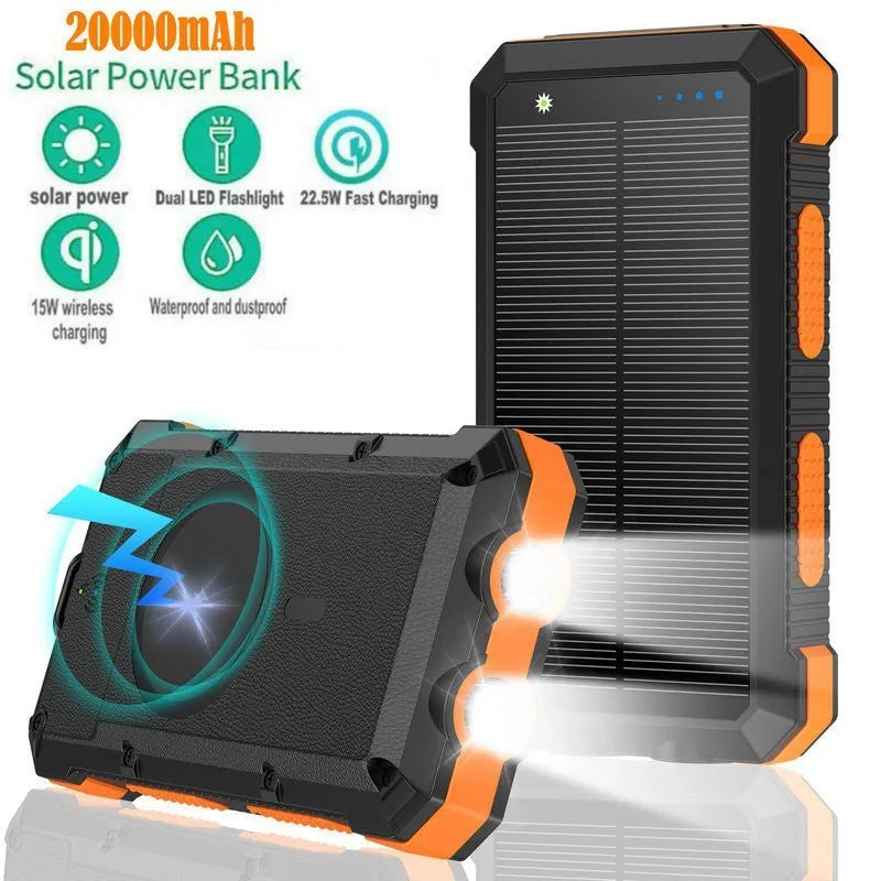 Solar magnetic wireless charger power bank 20000mAh with outdoor lighting in black, blue, green, orange, red options