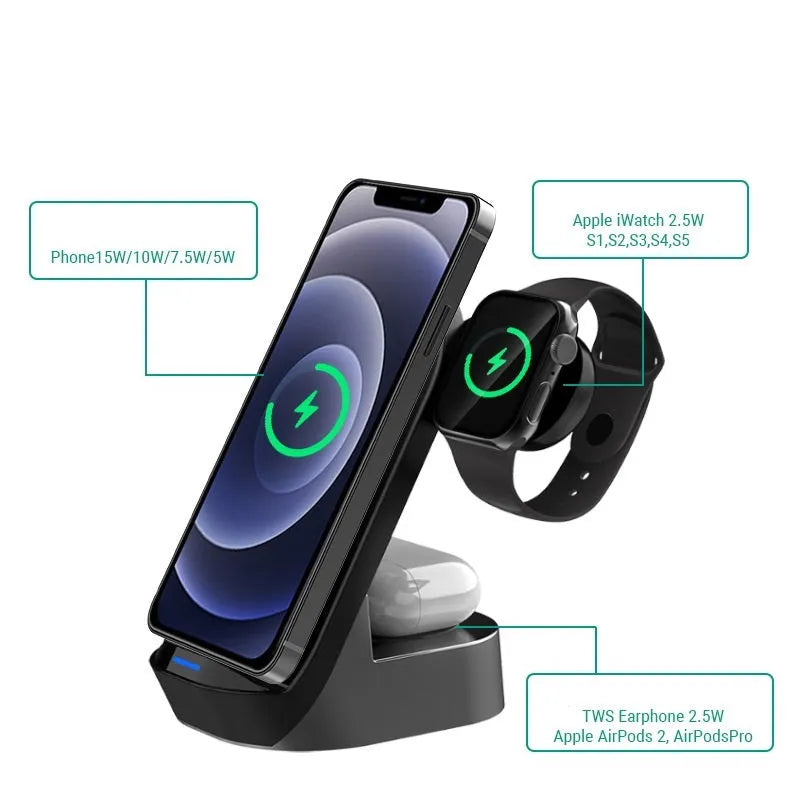 Black grey foldable 3-in-1 wireless charger stand with phone upright, watch and earbuds case on pads.
